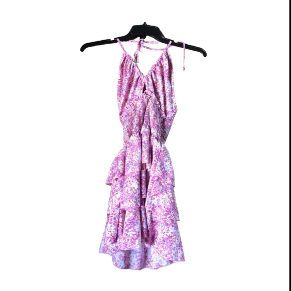 SHEIN Pink Floral Smocked Sleeveless Tiered Mini Dress - L - Picture 1 of 12